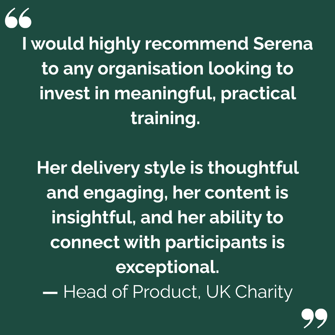 Testimonial praising Serena's engaging training style and exceptional content delivery.