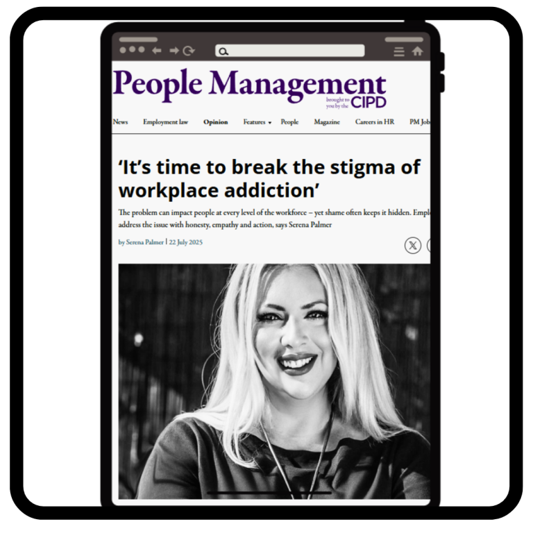 People management article by Serena on addiction A publication titled "People Management" featuring an article on workplace addiction.
